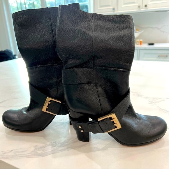 CHLOE mid calf black embossed leather round toe block heel moto boots size 37 - Picture 2 of 12